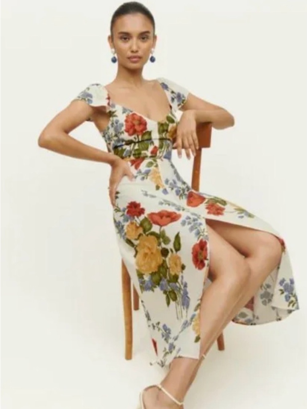 NWT Reformation Split Midi Dress - Cream with Red & Yellow Blooms